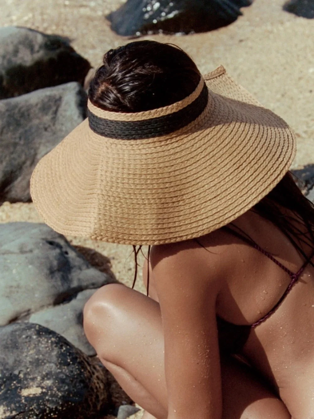 Zara Roll Up Woven Wide Brim Visor Sun Hat Black Band Beige Adjustable Resort OS